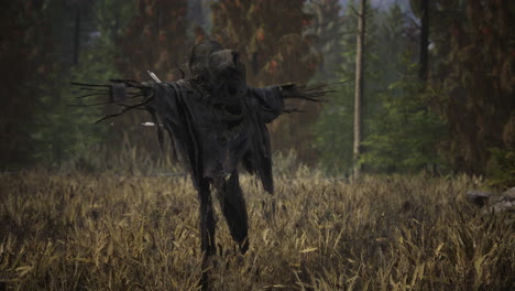 terrible-scarecrow-in-dark-cloak-and-dirty-hat-stands-alone-in-autumn-field